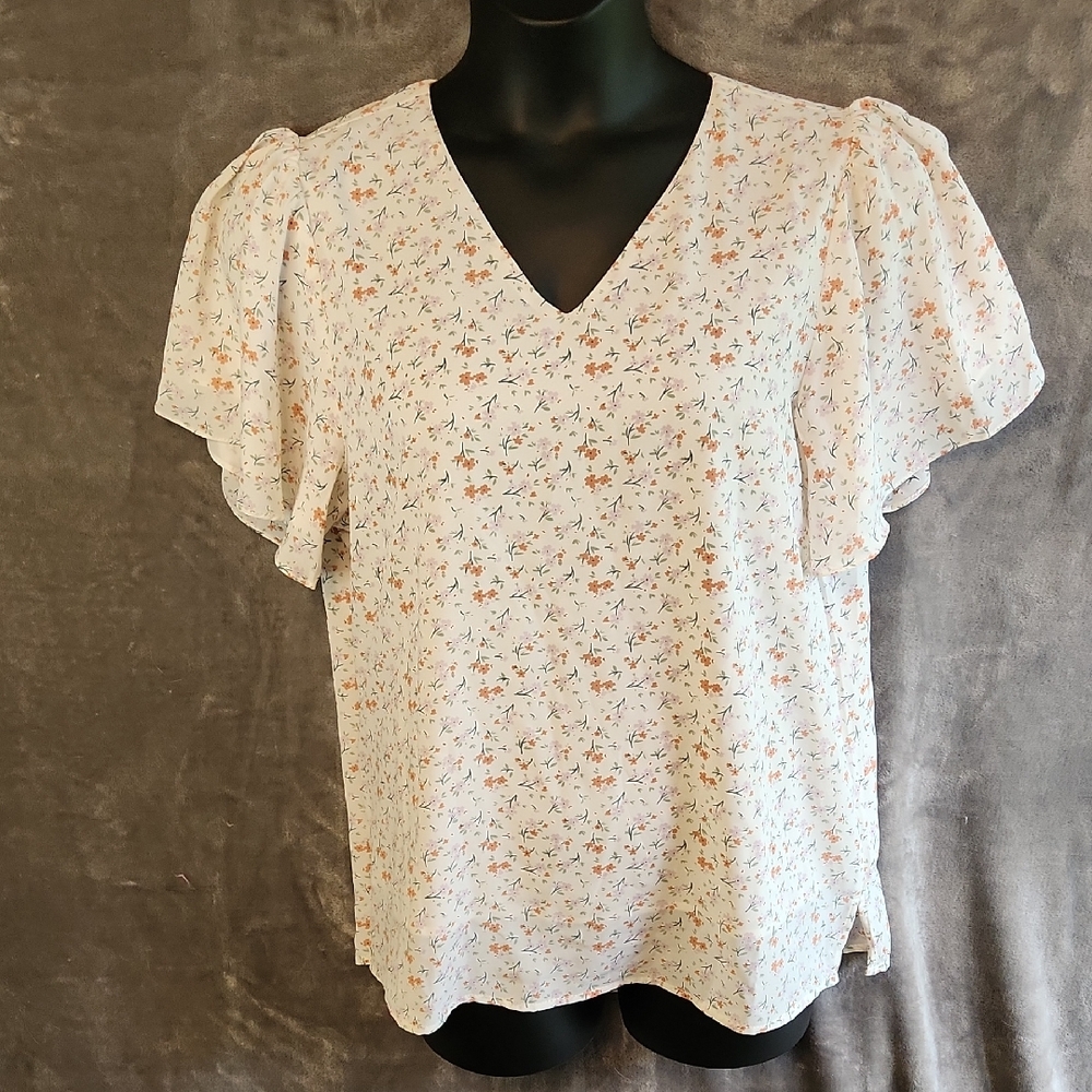 Mikarose Floral V-Neck Blouse - Cream and Orange. Size XL